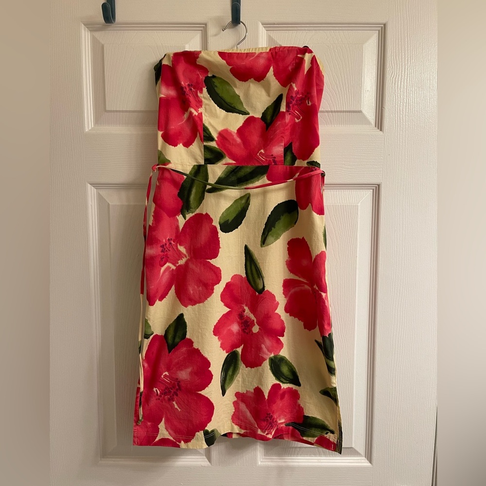 Vintage 90s cotton floral fitted tube dress, Sz S/M, pink floral pattern